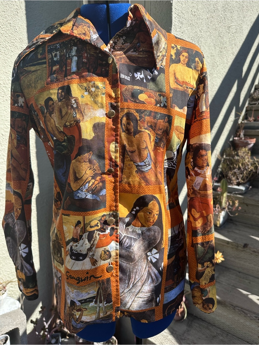 Vintage Artistic People Print Button-Up  - Orange Brown